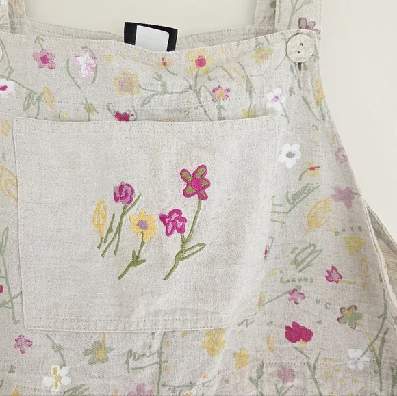 Produce Company Vintage Floral Linen Overalls XL Oatmeal Flax - Picture 3 of 7